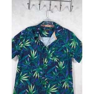 Just Attitude Mens Small Botanical Leaf Print Short Sleeve Button Shirt Navy